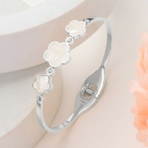Silver Metal Triple Mother Of Pearl Bezel Quatrefoil Clover Bracelet Bangle